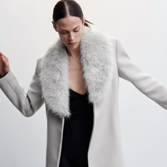 NWT French Connection light grey wool coat with fox fur collar size S - Picture 1 of 13